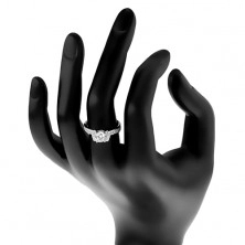 Zaręczynowy srebrny pierścionek 925, błyszcząca bezbarwna cyrkonia, dwa lśniące łuki