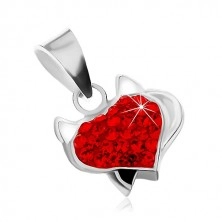 Zestaw - kolczyki i zawieszka ze srebra 925, czerwone cyrkoniowe serce, rogi i czarny ogonek