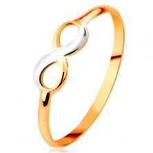 Złoty pierścionek 585 - dwukolorowy lśniący symbol nieskończoności, wąskie gładkie ramiona