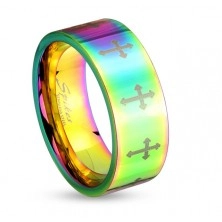 Barwny stalowy pierścionek o lśniącej powierzchni z krzyżykami srebrnego koloru, 6 mm