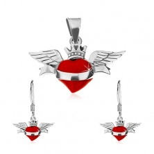 Zestaw - kolczyki i zawieszka ze srebra 925, czerwone skrzydlate serce, wstążka, korona