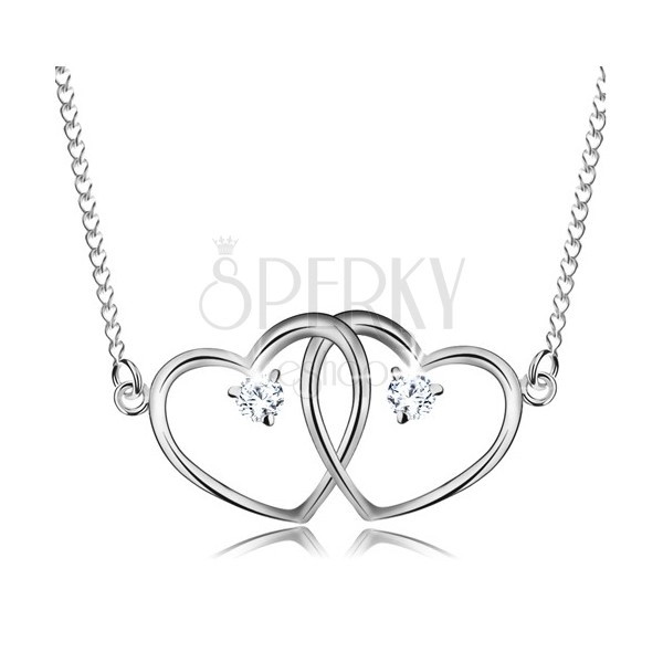 Naszyjnik ze srebra 925, cienki błyszczący łańcuszek i dwa połączone zarysy serc