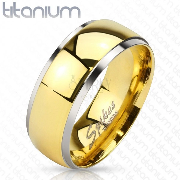 Obrączka z tytanu - lśniący pas w złotym odcieniu i wąskie krawędzie srebrnego koloru, 8 mm
