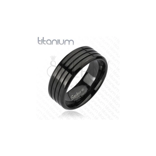 Czarny pierścionek z tytanu z trzema cienkimi nacięciami, wysoki połysk, 8 mm