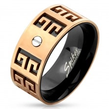 Stalowy pierścionek - miedziano-czarna kombinacja, wyryte symbole, mała śrubka, 9 mm