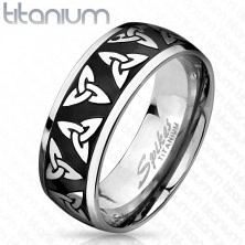 Tytanowy pierścionek srebrnegi i czarnego koloru, lśniące krawędzie, celtyckie symbole, 8 mm