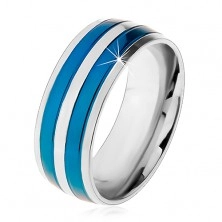 Dwukolorowy stalowy pierścionek, cienkie pasy w niebieskim i srebrnym odcieniu, nacięcia, 8 mm