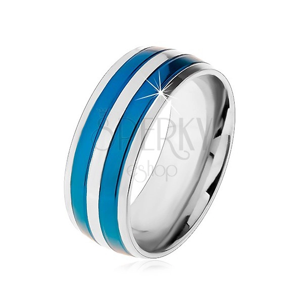 Dwukolorowy stalowy pierścionek, cienkie pasy w niebieskim i srebrnym odcieniu, nacięcia, 8 mm