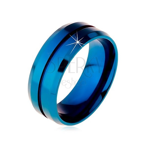 Niebieski pierścionek ze stali chirurgicznej, wąskie nacięcie pośrodku, ścięte krawędzie, 8 mm