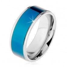 Stalowy pierścionek, ciemnoniebieski pas, oprawa srebrnego koloru, wysoki połysk, 8 mm