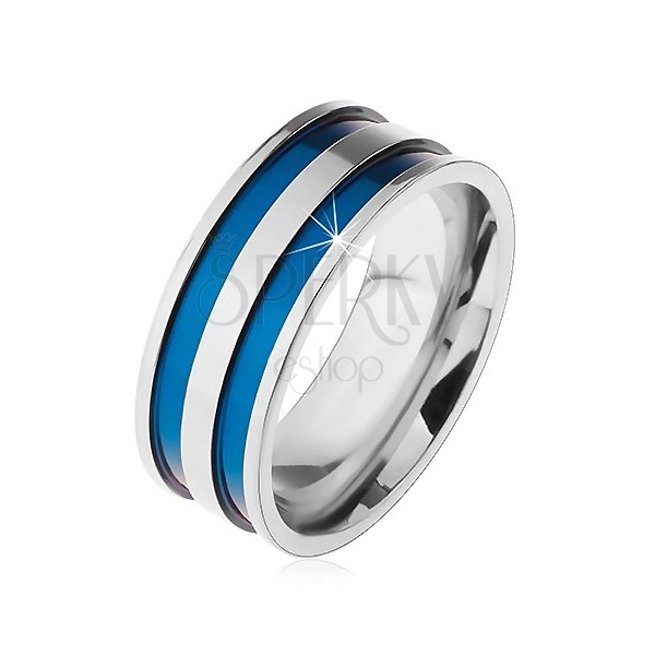 Stalowy pierścionek w srebrnym odcieniu, cienkie wgłębione pasy niebieskiego koloru, 8 mm