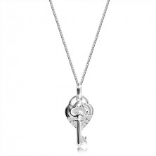 Naszyjnik, srebro 925, łańcuszek, kłódka-serce, klucz, przezroczyste kamyczki