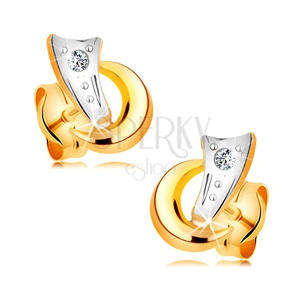 Dwukolorowe kolczyki z 14K złota - dwa łuki i błyszczący diament bezbarwnego koloru