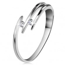 Brylantowy pierścionek z białego 14K złota - dwa błyszczące bezbarwne diamenty, cienkie linie ramion