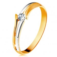 Diamentowy złoty pierścionek 585, błyszczący bezbarwny brylant, rozdzielone dwukolorowe ramiona