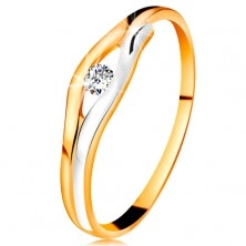 Brylantowy pierścionek z 14K złota - diament w wąskim wycięciu, dwukolorowe linie