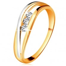Brylantowy pierścionek z 14K złota, faliste dwukolorowe linie ramion, trzy przezroczyste diamenty 
