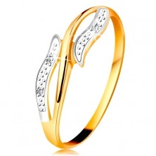Diamentowy pierścionek z 14K złota, faliste dwukolorowe ramiona, trzy bezbarwne diamenty