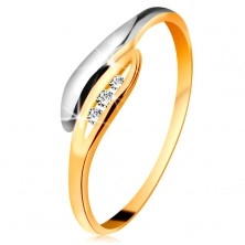 Złoty diamentowy pierścionek 585 - dwukolorowe zagięte listki, trzy przezroczyste brylanty