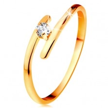Diamentowy pierścionek z żółtego 14K złota - błyszczący bezbarwny brylant, cienkie przedłużone ramiona
