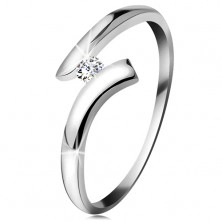 Diamentowy pierścionek z białego 14K złota - błyszczący bezbarwny brylant, lśniące zagięte ramiona