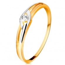 Diamentowy pierścionek z 14K złota, dwukolorowe ramiona z wycięciami, przezroczysty brylant