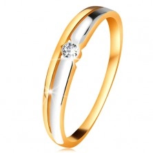 Brylantowy pierścionek z 14K złota - przezroczysty diament w okrągłej oprawie, dwukolorowe linie