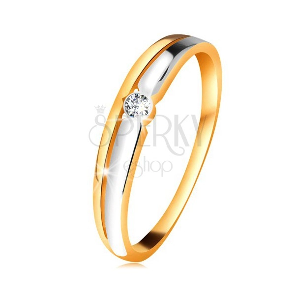 Brylantowy pierścionek z 14K złota - przezroczysty diament w okrągłej oprawie, dwukolorowe linie