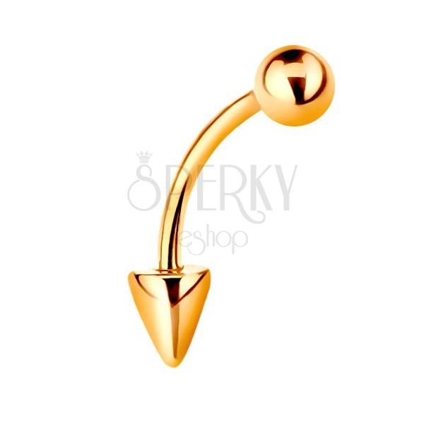 Złoty 9K piercing - lśniący zagięty pręt z kuleczką i stożkiem