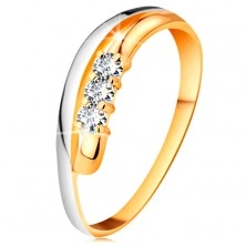 Brylantowy pierścionek z 14K złota, faliste dwukolorowe linie ramion, trzy bezbarwne diamenty