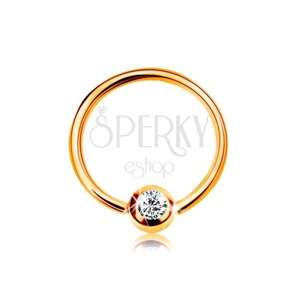Złoty 9K piercing - lśniący krążek i kuleczka z osadzoną cyrkonią bezbarwnego koloru, 8 mm
