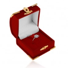 Czerwone aksamitne pudełeczko na pierścionek, zawieszkę lub kolczyki, szczegóły ze złotego koloru