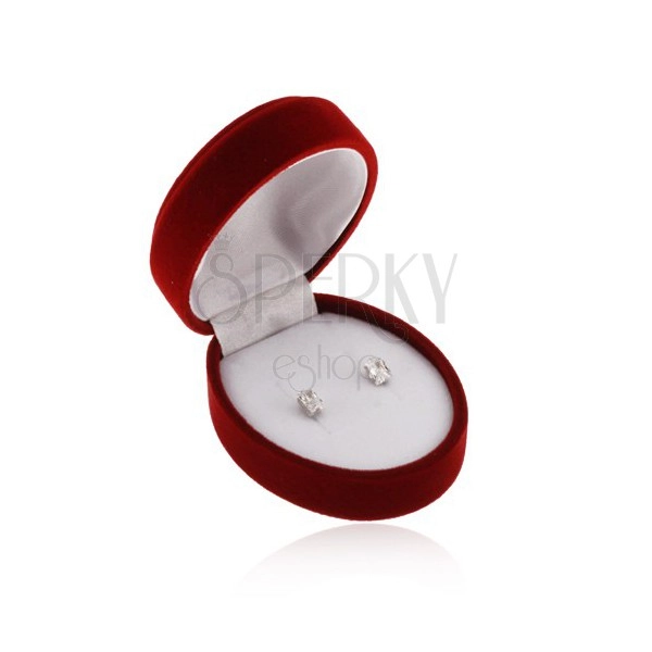Owalne bordowe pudełeczko na kolczyki, zawieszkę lub dwa pierścionki, aksamitna powierzchnia