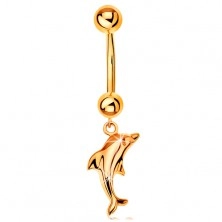 Złoty 375 piercing do pępka - banan z dwiema kuleczkami i wiszący lśniący delfin 