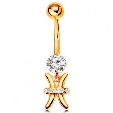 Złoty 375 piercing do brzucha - bezbarwna cyrkonia, lśniący symbol znaku zodiaku - RYBY