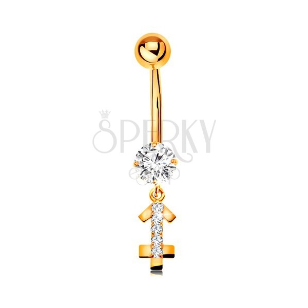 Złoty 9K piercing do brzucha - bezbarwna cyrkonia, błyszczący symbol znaku zodiaku - STRZELEC