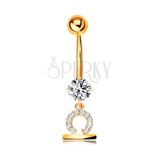 Złoty 375 piercing do brzucha - bezbarwna cyrkonia, lśniący symbol znaku zodiaku - WAGA