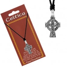 Naszyjnik z czarnym sznurkiem i patynowaną zawieszką, celtycki krzyż