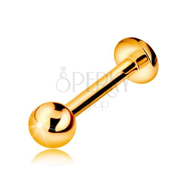 Złoty 9K piercing do wargi lub brody - labret z kuleczką i kółeczkiem, 10 mm