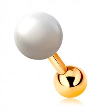 Piercing do ucha z żółtego 14K złota, biała perła i lśniąca kuleczka, 6 mm