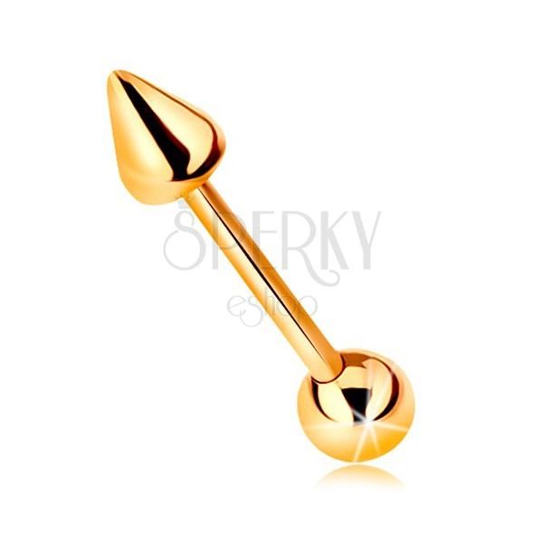 Złoty 14K piercing - lśniący prosty pręt z kuleczką i stożkiem, 10 mm