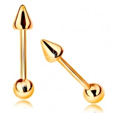 Złoty 14K piercing - lśniący prosty pręt z kuleczką i stożkiem, 10 mm