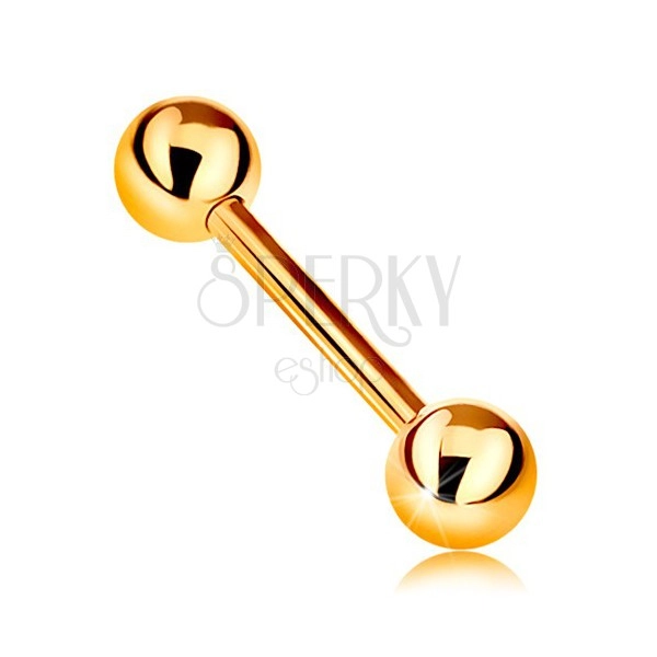 Złoty 14K piercing - lśniąca sztanga z dwiema lśniącymi kuleczkami, żółte złoto, 12 mm