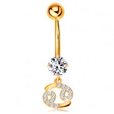 Złoty 14K piercing do brzucha - bezbarwna cyrkonia, błyszczący symbol znaku zodiaku - RAK