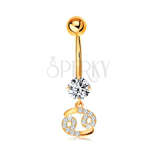 Złoty 14K piercing do brzucha - bezbarwna cyrkonia, błyszczący symbol znaku zodiaku - RAK