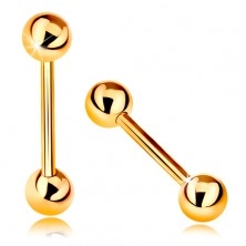 Złoty 9K piercing - lśniąca sztanga z dwiema lśniącymi kuleczkami, żółte złoto, 12 mm