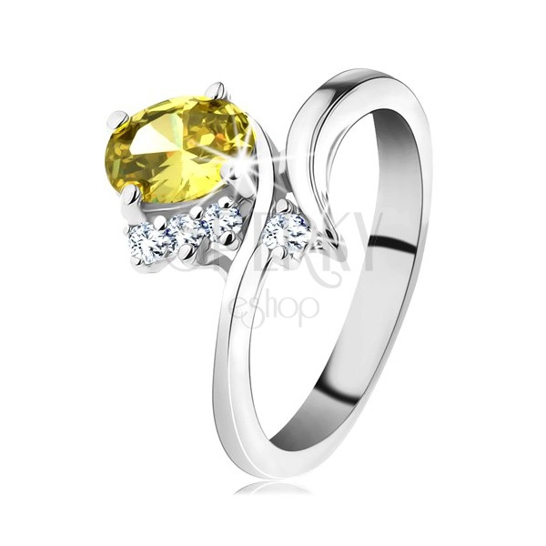 Błyszczący pierścionek w srebrnym odcieniu, owalna cyrkonia żółtego koloru
