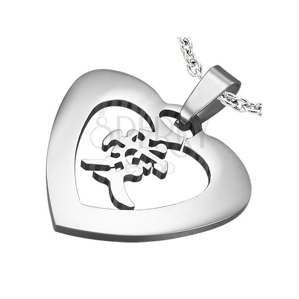 Stalowa zawieszka srebrnego koloru - serce z chińskim znakiem "miłość"