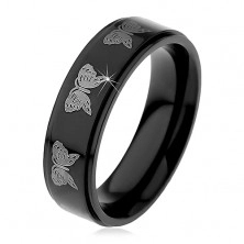 Czarny stalowy pierścionek, nadruk motyli srebrnego koloru, 6 mm