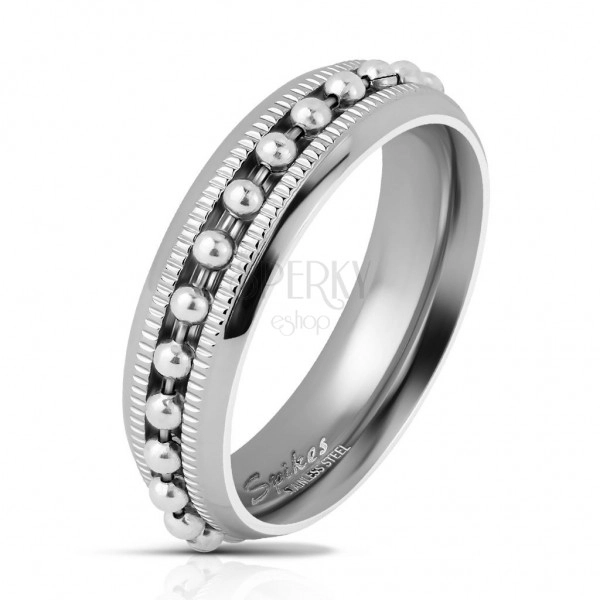 Lśniący stalowy pierścionek srebrnego koloru, łańcuszek z kuleczek, karbowane linie, 6 mm